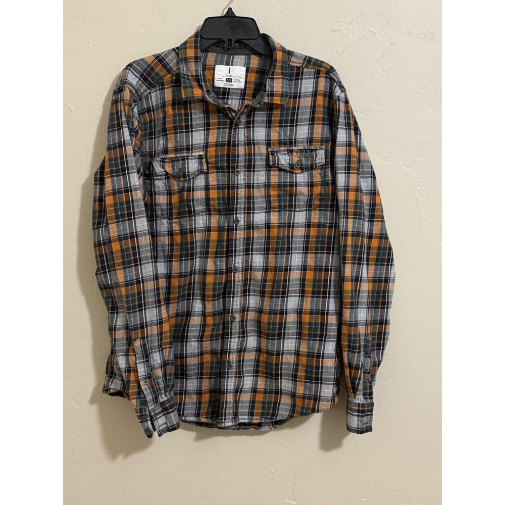 i jeans by buffalo shirt mens XL orange gray plaid flannel 2 pocket long sleeve